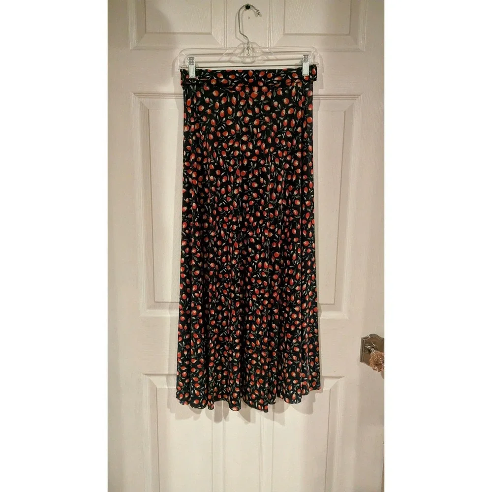 Floral Fruit Bud Print Navy‎ Maxi Skirt L/XL High Waisted Flowy Cotton Blend